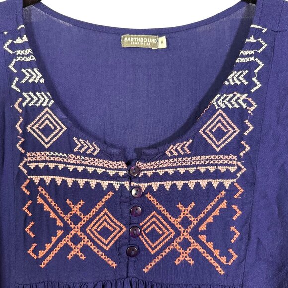 Earthbound Trading Co Blue Embroidered Boho Tunic Dress SZ M - Picture 3 of 9